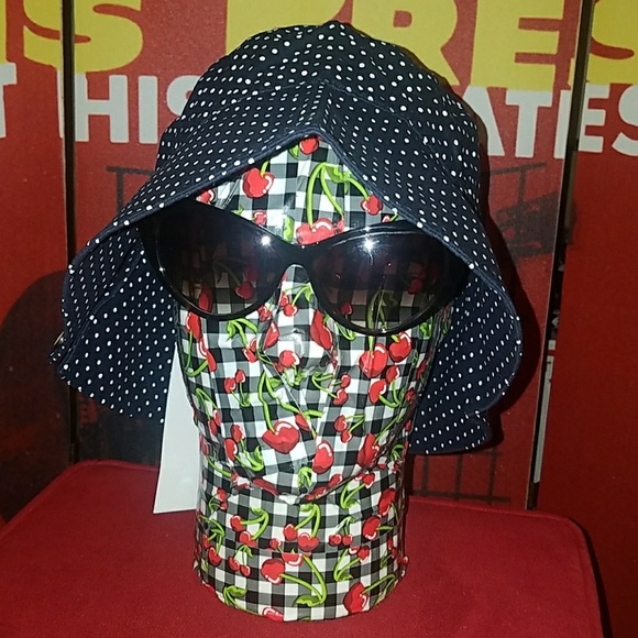 Tatyana Dotty Retro 50's Blue White Polka Dot Beach Bonnet Garden Hat w Buttons - Picture 3 of 8